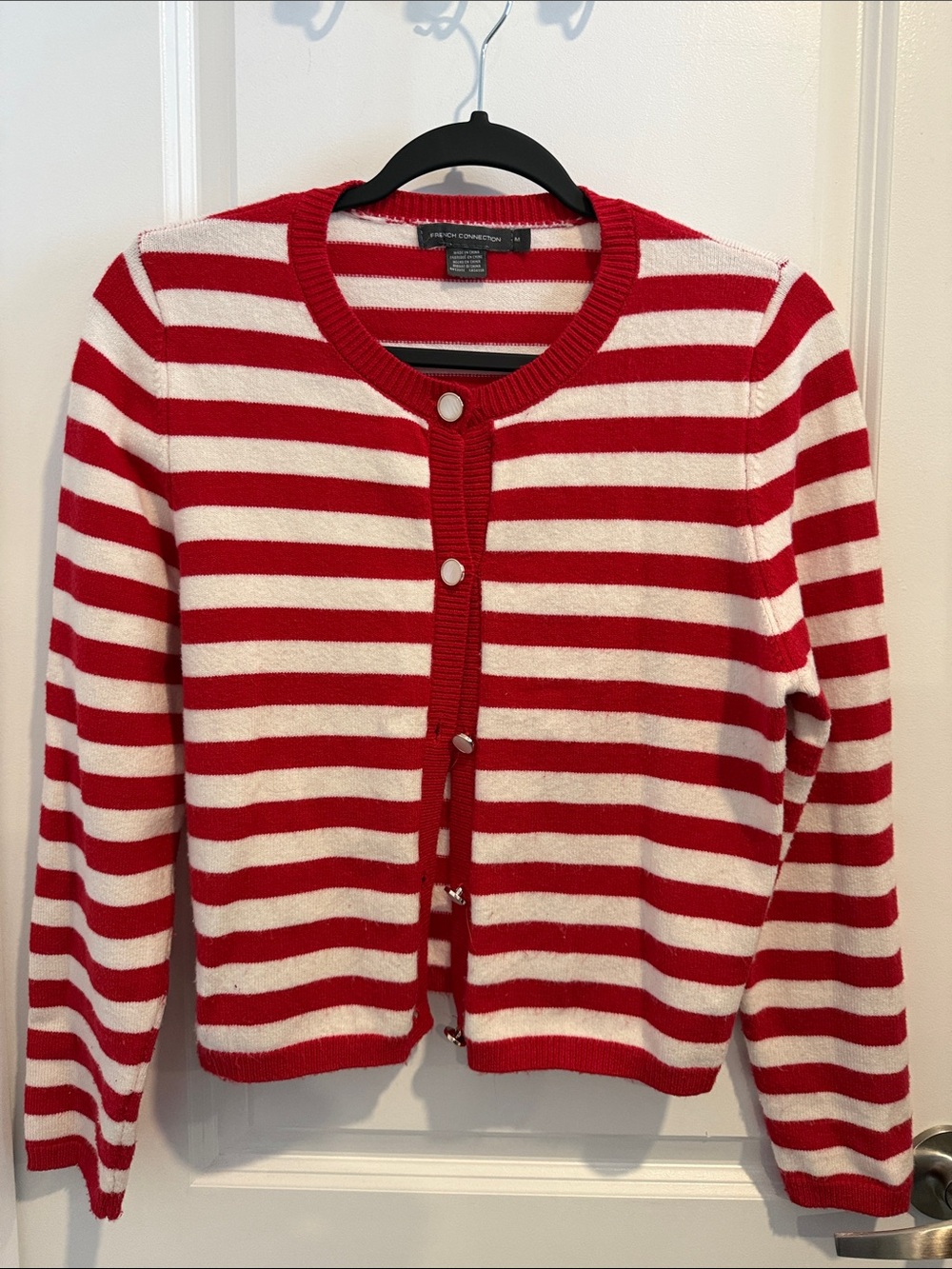 French Connection Red & White Striped Crewneck Cardigan